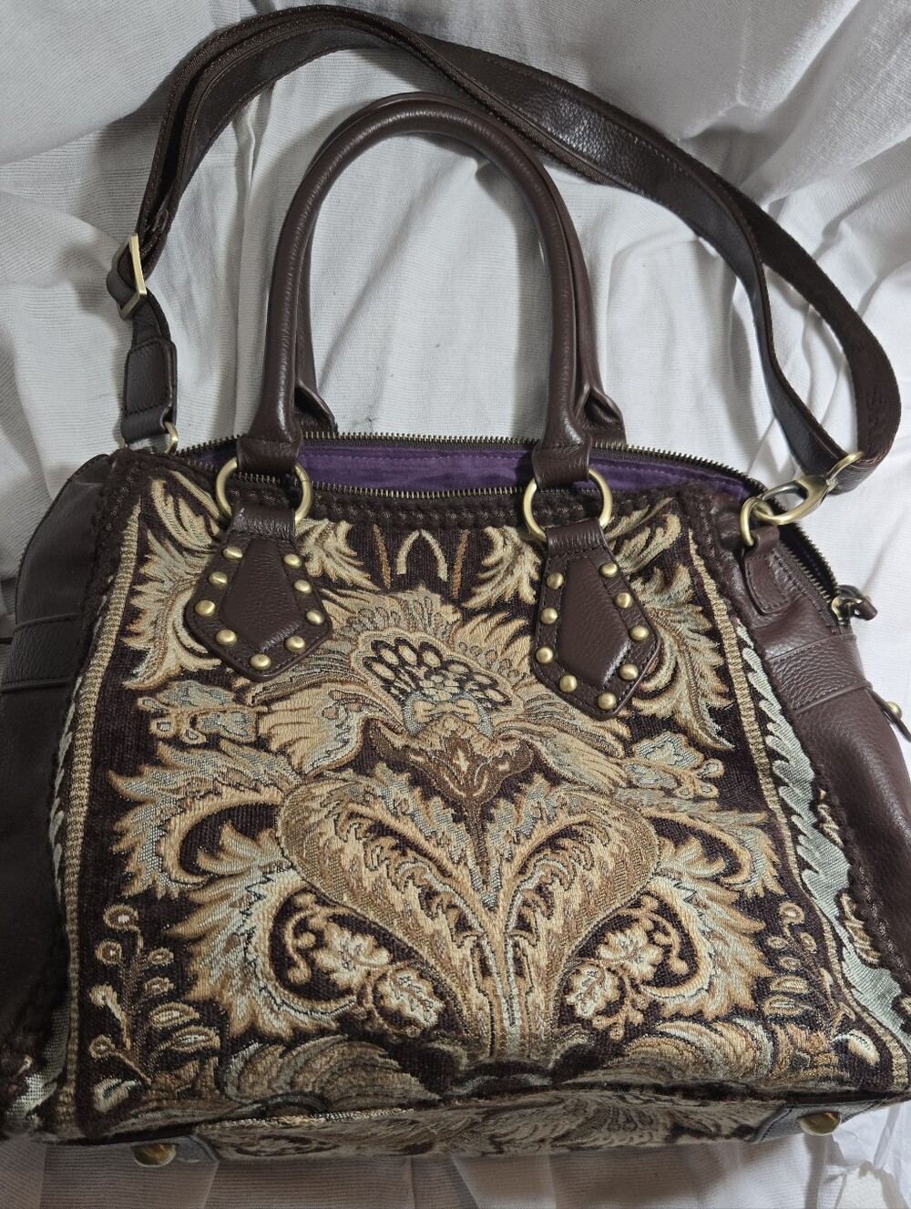 Sharif Brown and Cream Tapestry Satchel with Gold Hardware